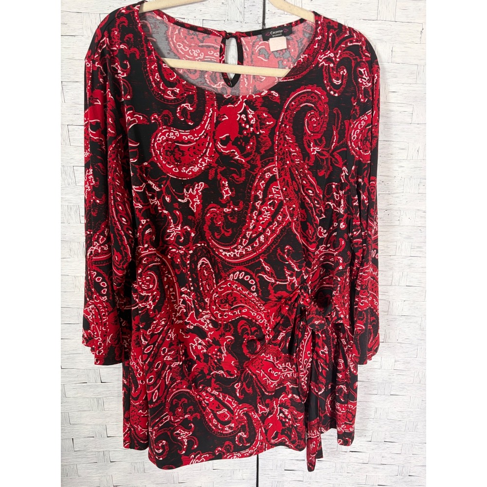 Cocomo Woman Tunic Paisley Side Tie 3/4 Sleeve Keyhole Back DarkRomantic Plus Sz